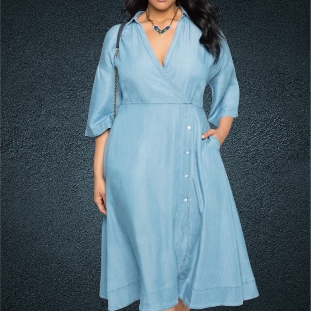 Eloquii Blue Midi Dress with Dolman Sleeves and V-Neck